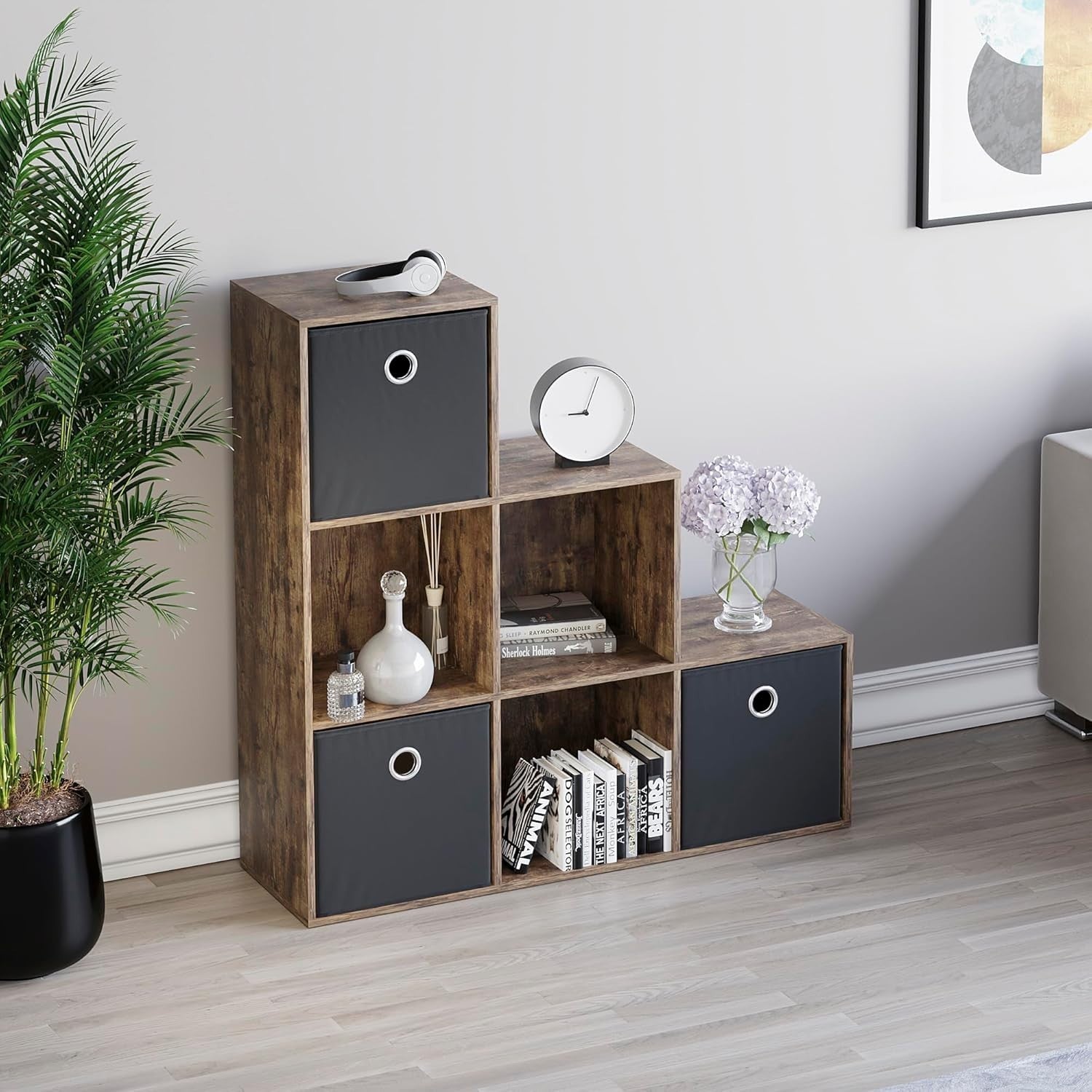 6 Cube Dark Wood Staircase Storage Shelf with 3 Black Baskets – Sturdy Organiser