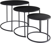 Nest of 3 Black Coffee Tables Round Metal Wood Space Saver Side End Table