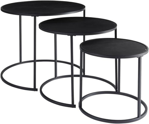 Nest of 3 Black Coffee Tables Round Metal Wood Space Saver Side End Table