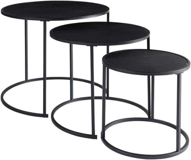 Nest of 3 Black Coffee Tables Round Metal Wood Space Saver Side End Table