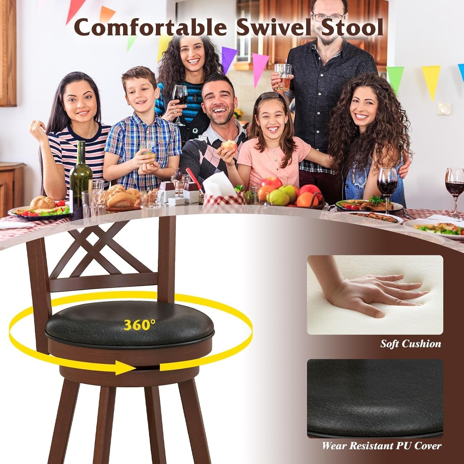 Espresso Black Swivel Bar Stools Set of 2 – Rubber Wood Counter Chairs