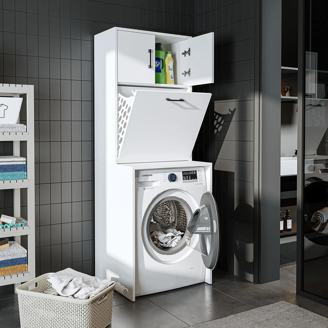 White Washing Machine Cabinet with Cupboards & Built-In Laundry Basket 180cm