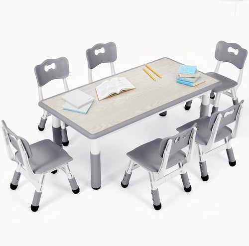 Kids Table and 6 Chairs Set Adjustable Height Study Dining Furniture Grey