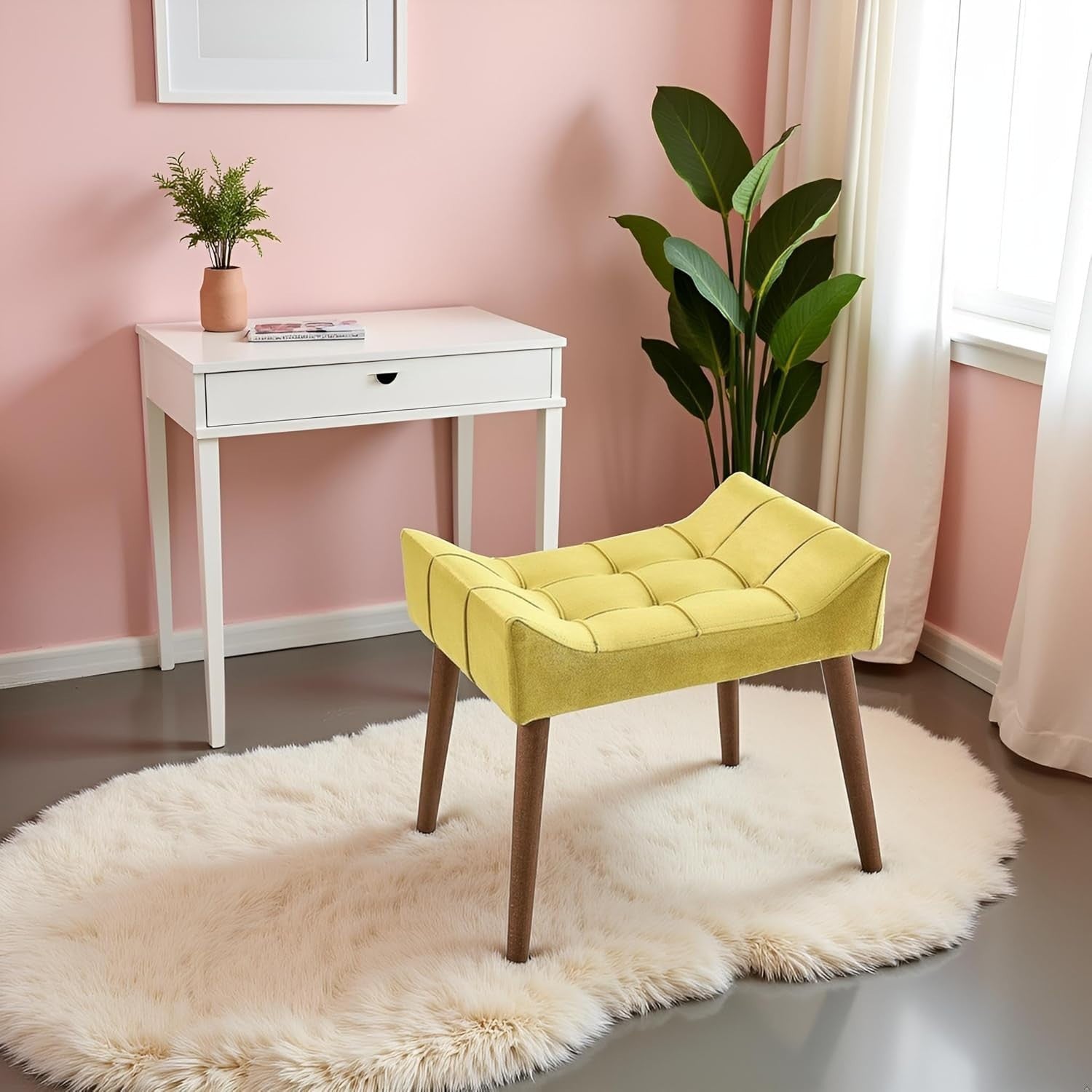 Yellow Padded Dressing Table Stool Modern Vanity Makeup Chair Bedroom