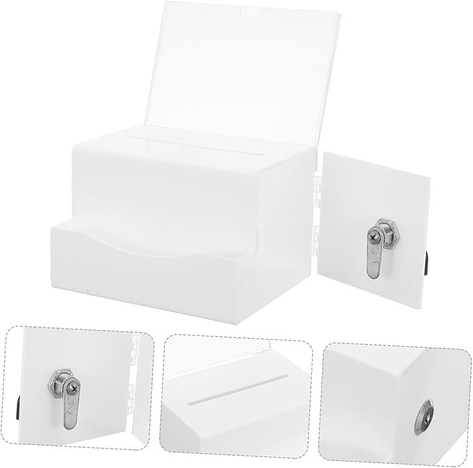 Lockable Acrylic Suggestion Donation Box White | Secure Ballot Tip Fundraiser