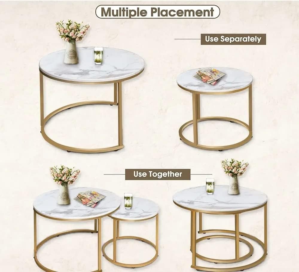 Round Nesting Coffee Tables Set of 2 – Grey Top Black Frame, Space- Gold
