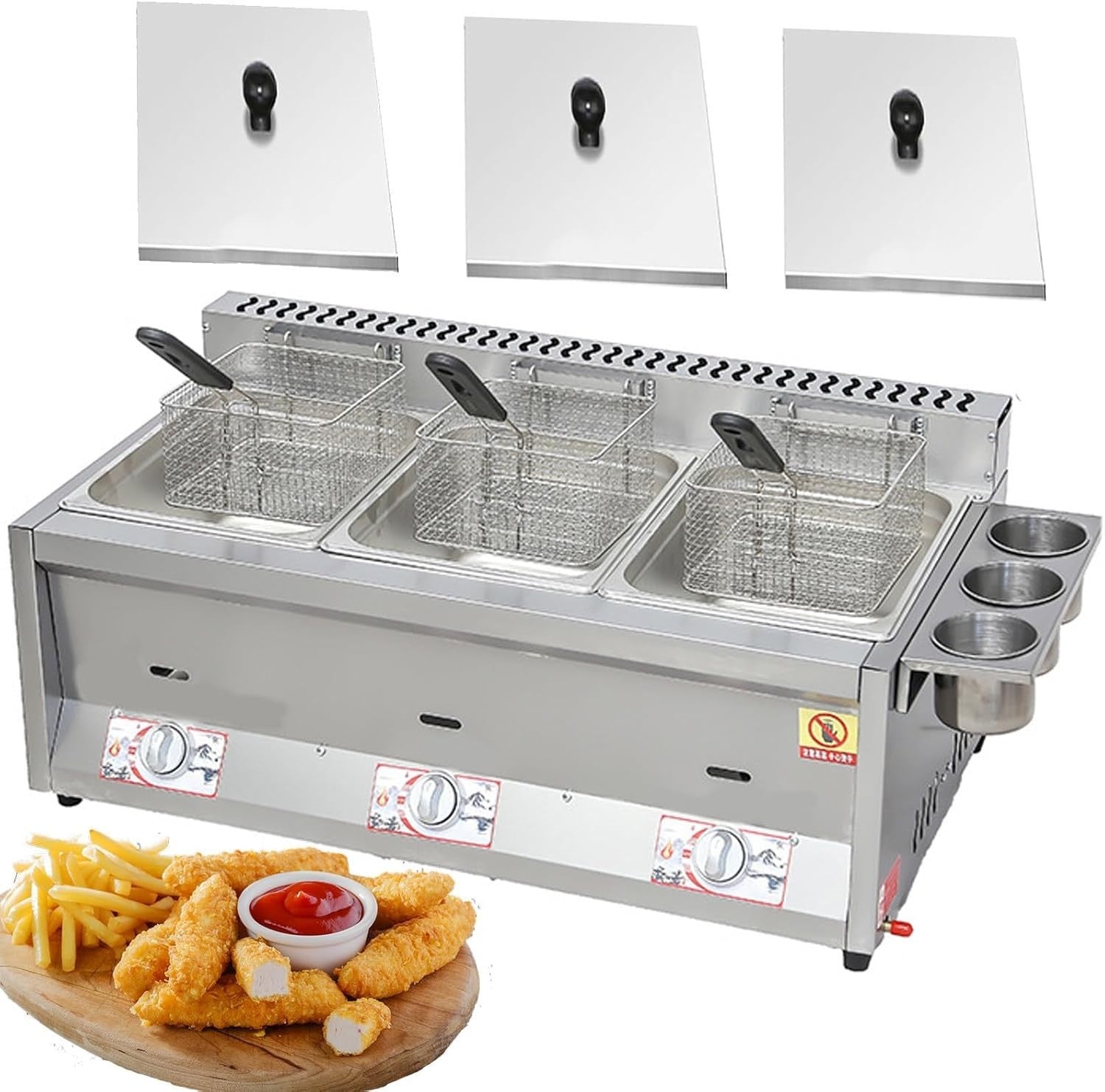 Triple Basket Gas Fryer Countertop Stainless Steel 24L Commercial