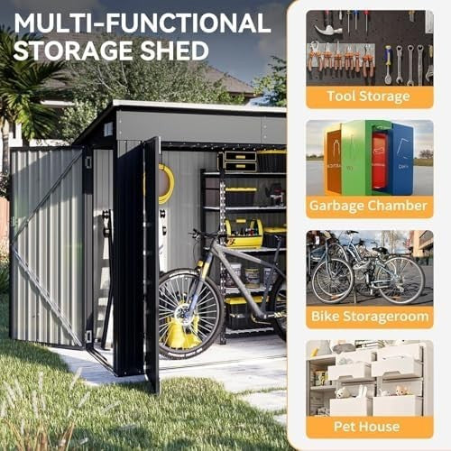 Aoxun 8x4ft Metal Garden Shed Black Pent Roof Outdoor Storage Bike Shed