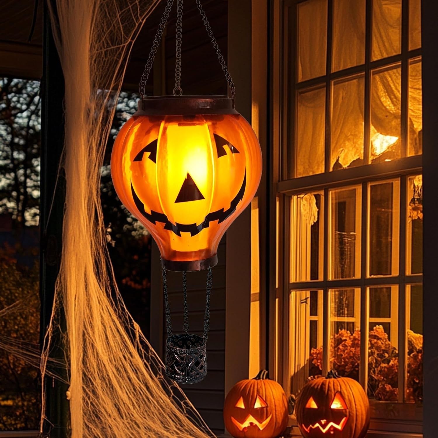 Halloween Pumpkin Hot Air Balloon Solar Lantern LED Flicker Light Outdoor Decor
