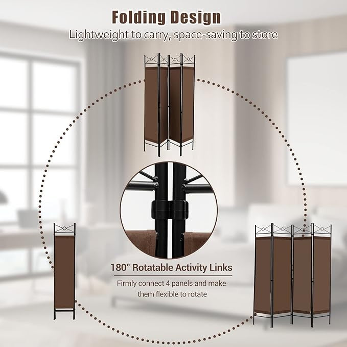 Brown 4 Panel Folding Room Divider – Freestanding Privacy Screen with Detachable