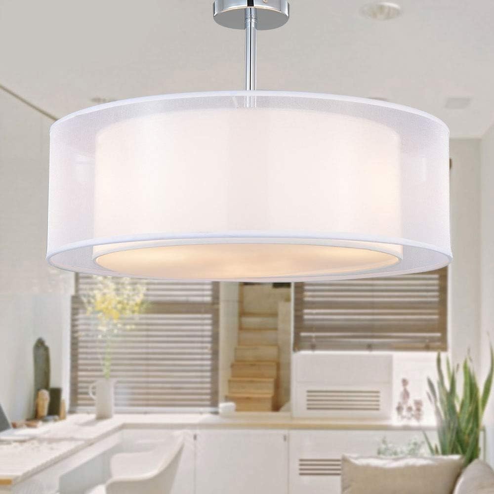 Modern White Drum Ceiling Light 3 Bulb Fabric Pendant Flush Mount