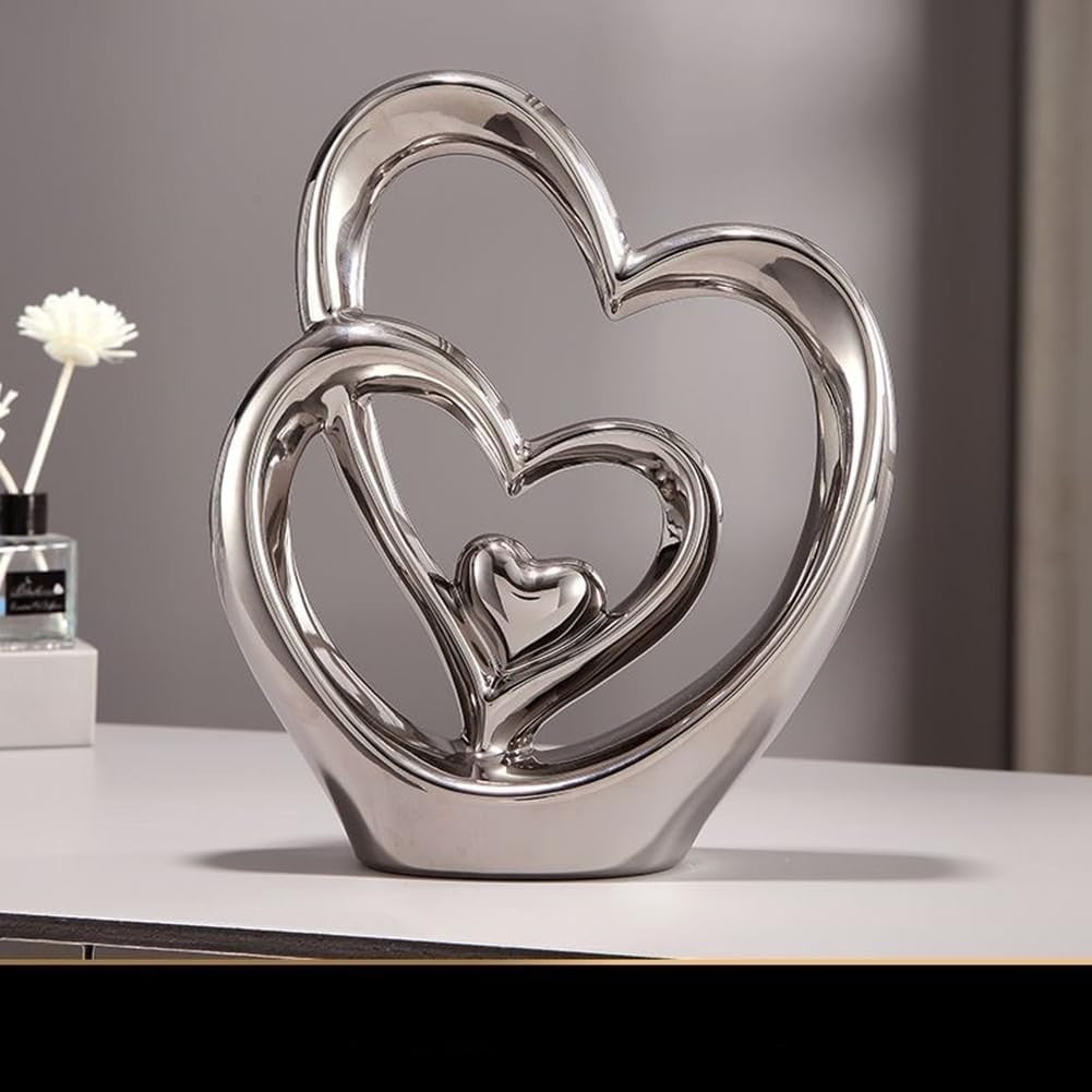 Silver Double Heart Ceramic Sculpture Luxury Modern Romantic Home Decor Ornament