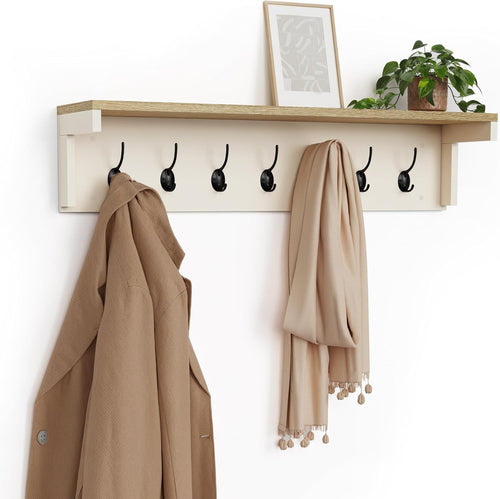 Cream Wall Mounted Coat Rack with Shelf | 7 Double Hooks Hallway Organiser