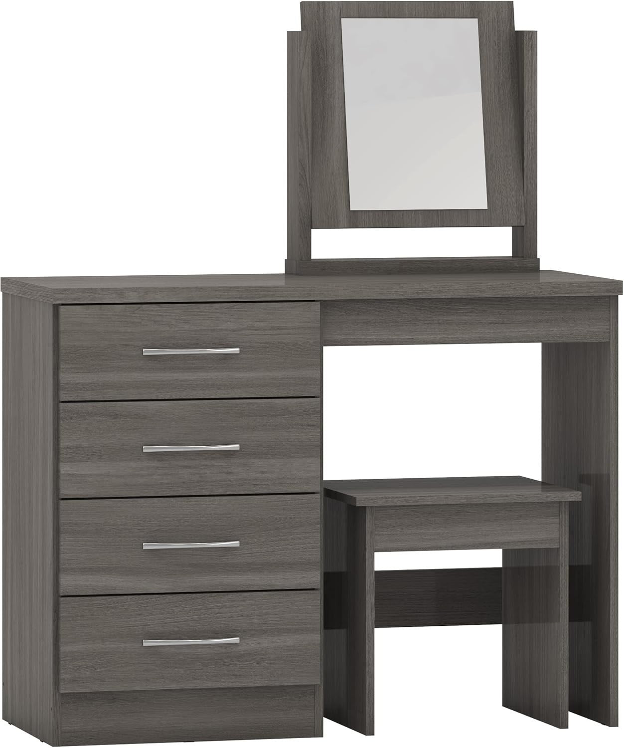 4-Drawer Dressing Table Set with Stool Mirror Black Wood Grain Modern Bedroom