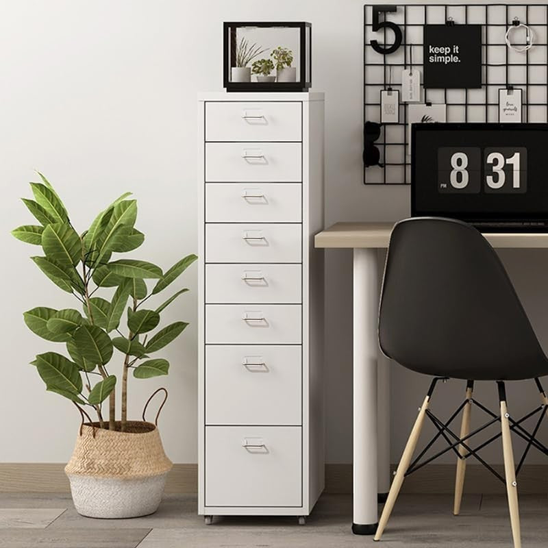 White 8 Drawer Metal Rolling Storage Tower Slim Under Desk File Unit