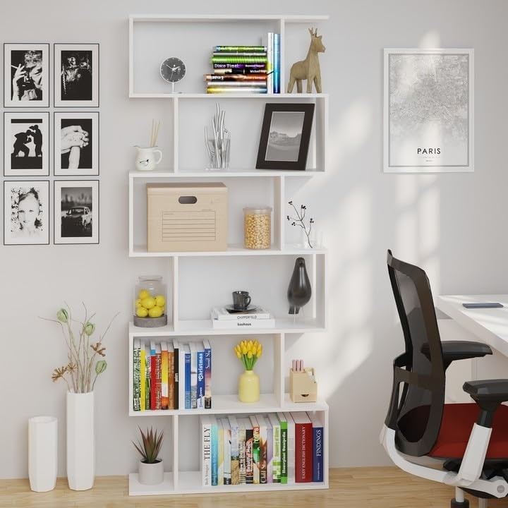 White S Shape 6 Tier Bookcase Modern Display Shelf Free Standing Storage Unit