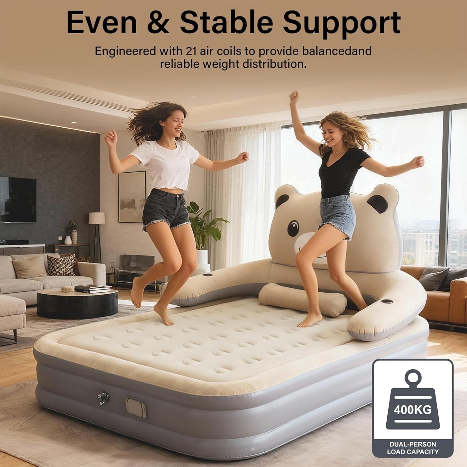 Double Inflatable Air Mattress with Electric Pump, Headboard & Cup Holder