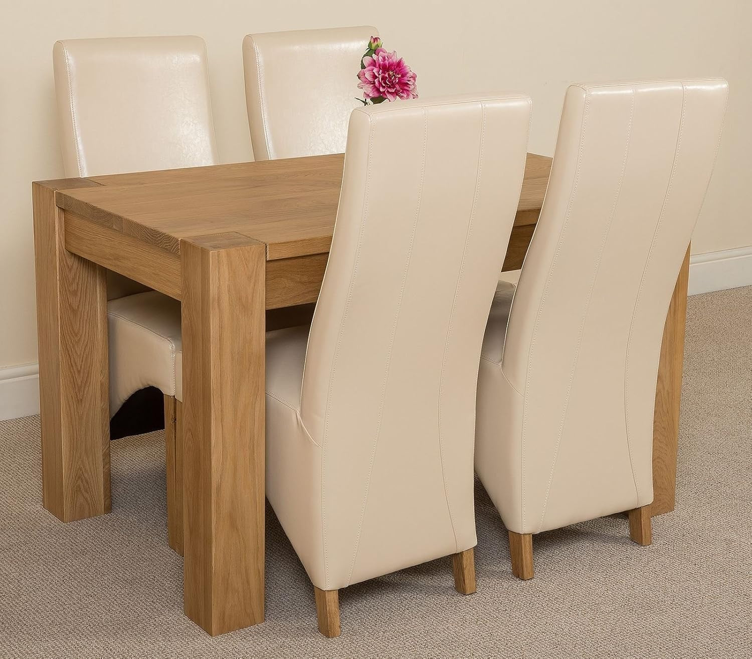 Solid Oak Small Dining Table Set 4 Ivory Leather Chairs Compact 125x80cm