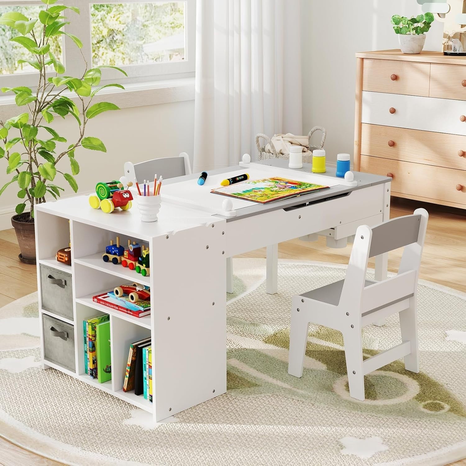 Kids Wooden Art Table and Chairs Set w/ Flip Top Easel Paper Roll Storage Grey