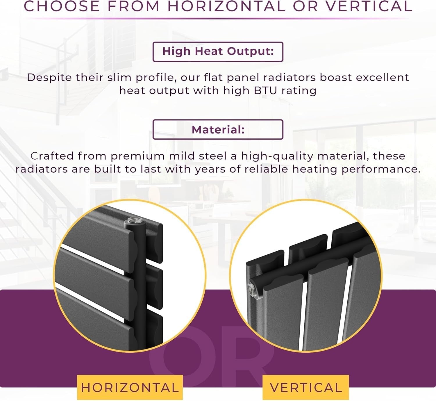 Vertical Black Flat Panel Radiator Double Column 1200x612mm High Heat Output