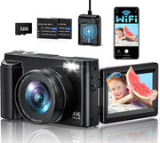 4K 64MP WiFi Vlogging Camera Flip Screen Zoom Camera w 2 Batteries