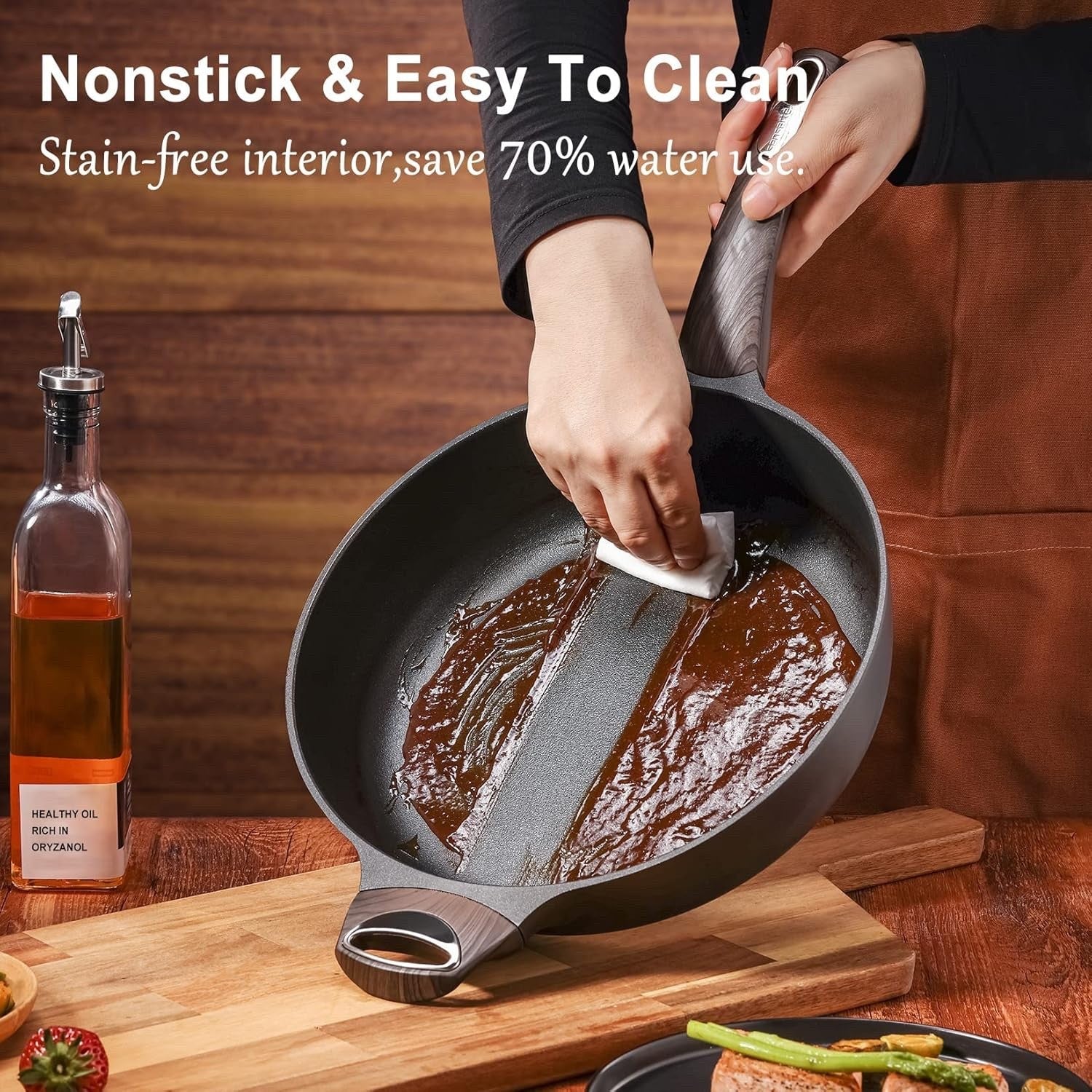 30cm Black Deep Non Stick Saute Pan with Lid, 4.7L Skillet Induction Compatible