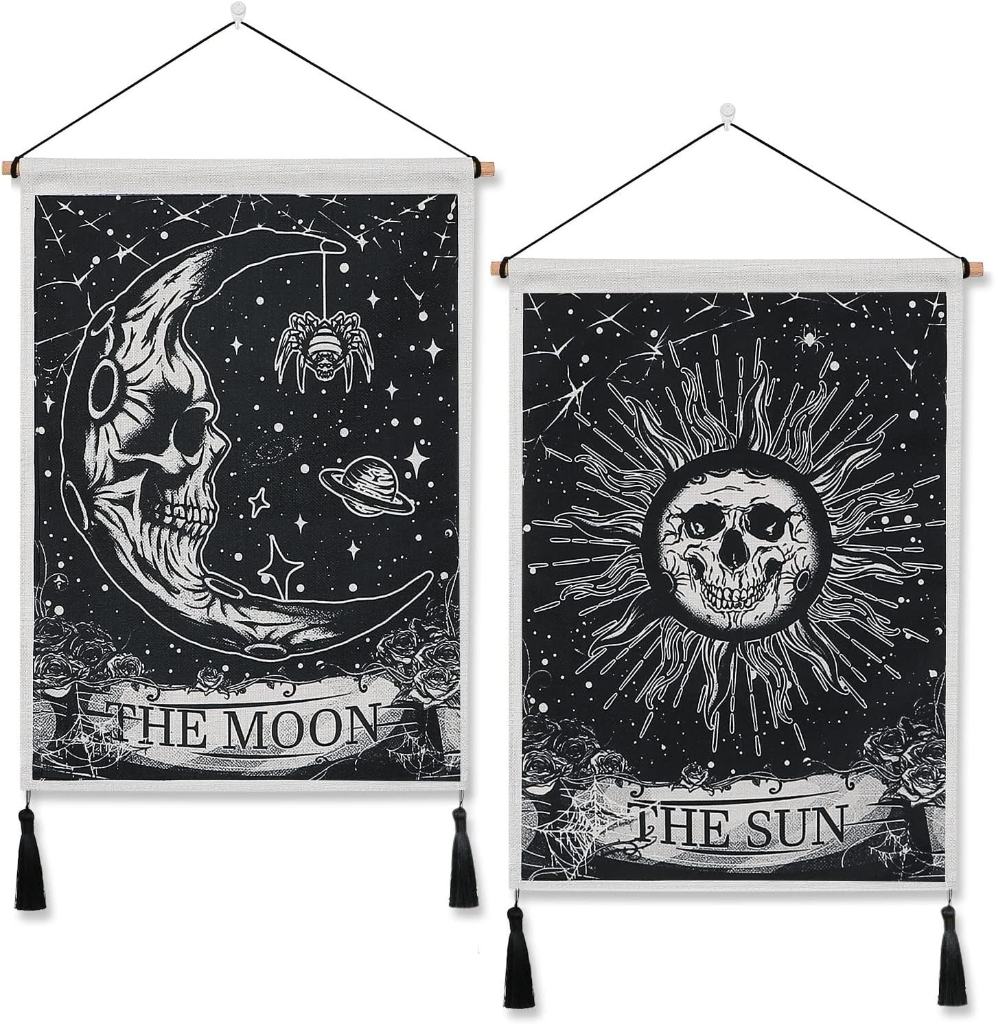 Pack of 2 Moon & Sun Skull Tapestries Boho Wall Decor Dark/White