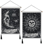 Pack of 2 Moon & Sun Skull Tapestries Boho Wall Decor Dark/White
