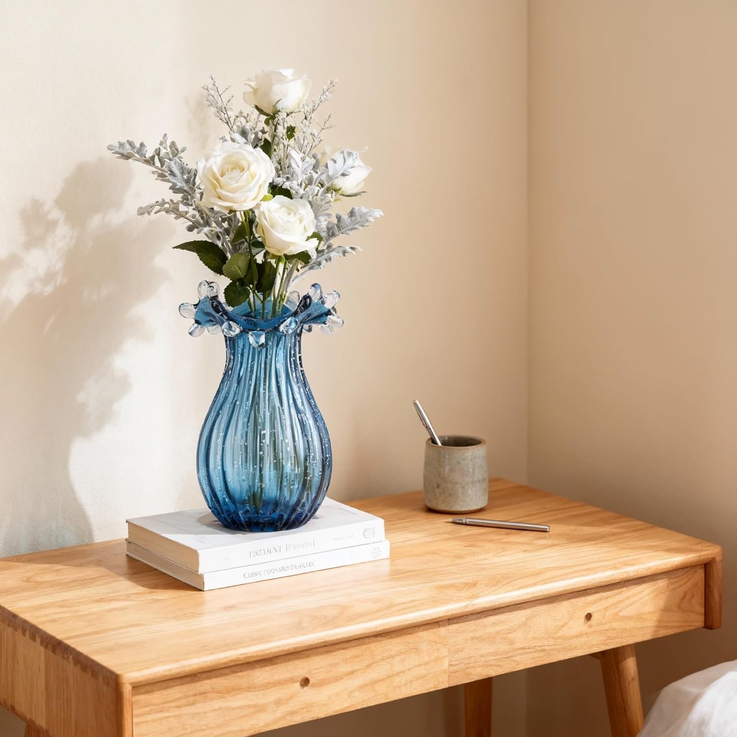 Blue Blown Glass Vase Modern Table Centerpiece Art Flower Display