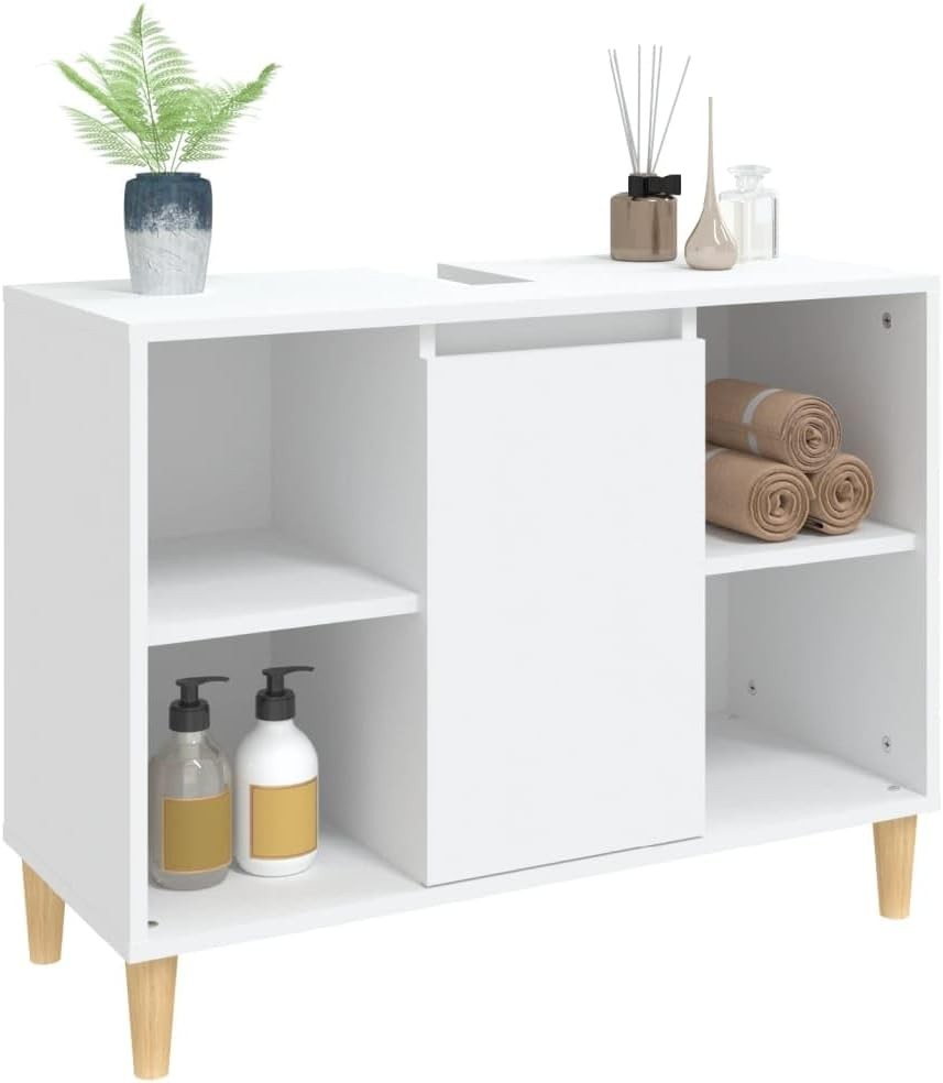 White Bathroom Sink Cabinet with Storage – Nordic Style Unit, Wooden Legs 80cm