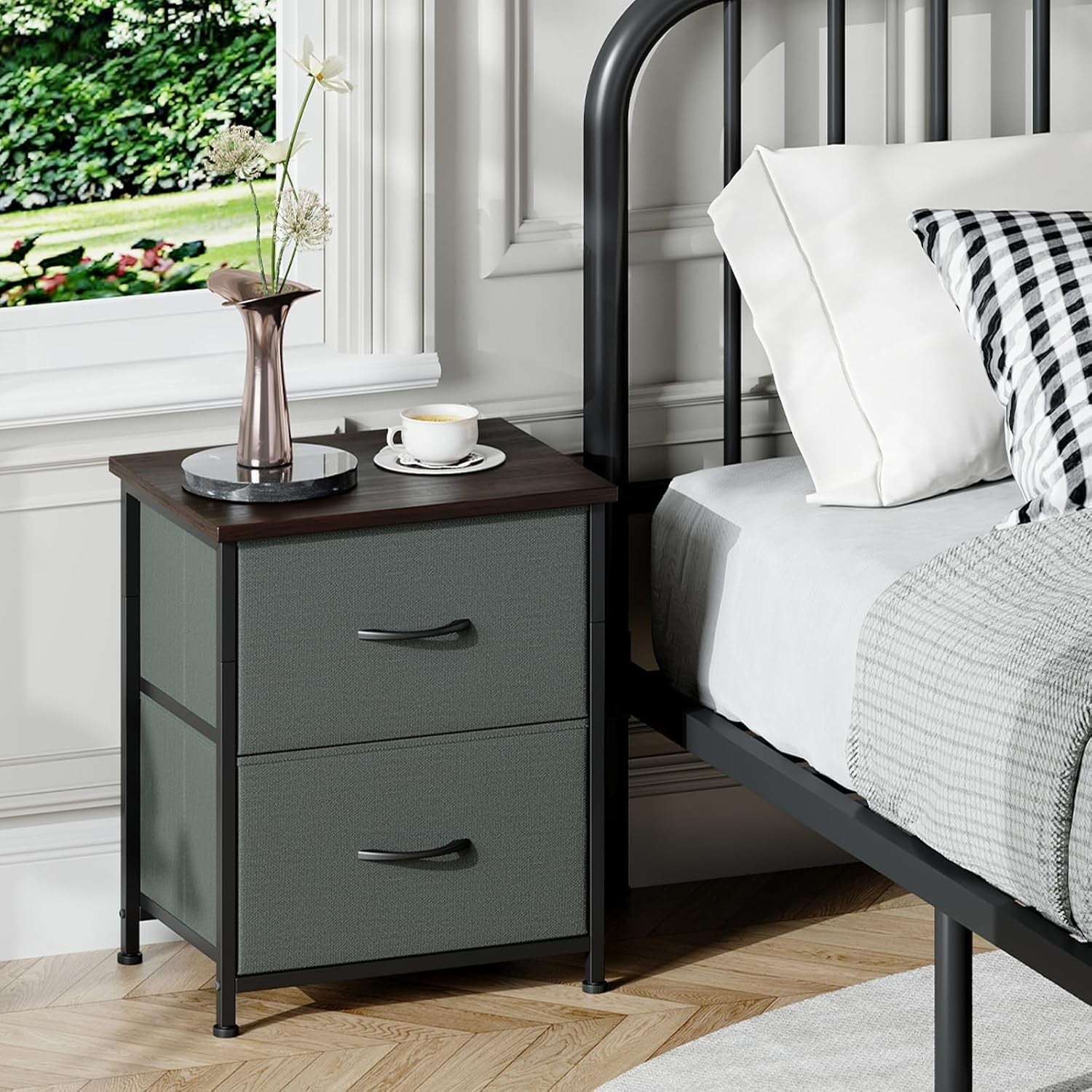 Charcoal Grey Bedside Tables Set of 2 with Fabric Drawers, Metal Frame