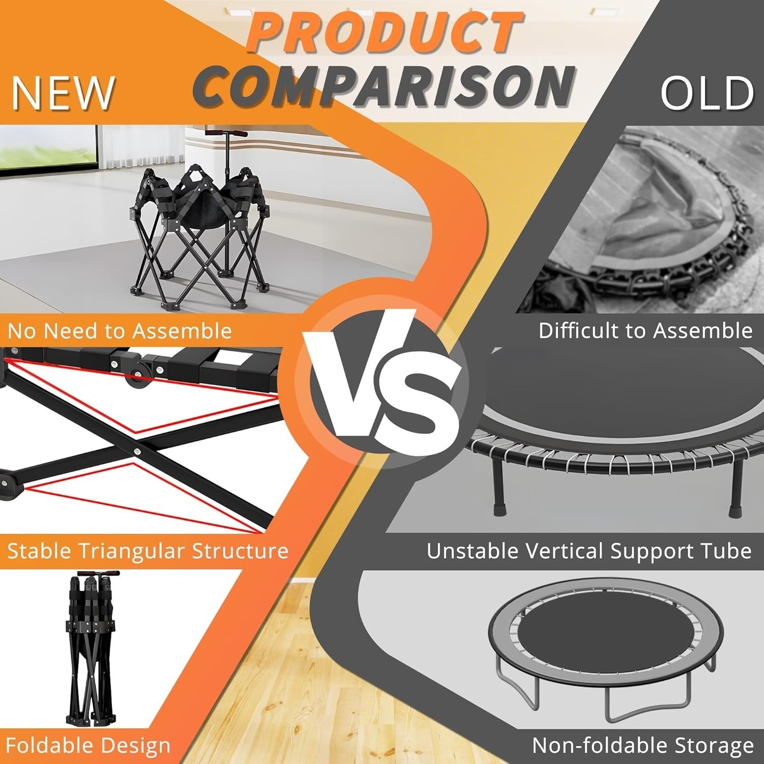 42” Foldable Fitness Trampoline Indoor Rebounder w Adjustable Handle 450lbs