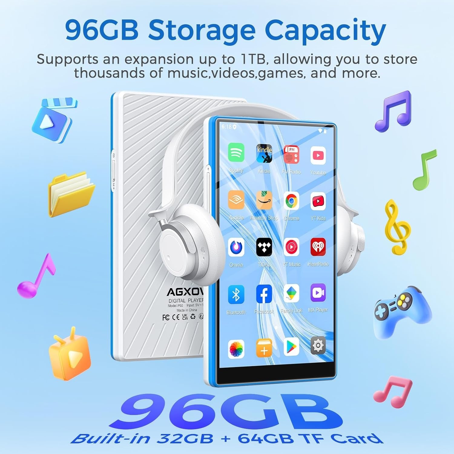 96GB MP3 Player Bluetooth WiFi Android Spotify Amazon Music P50