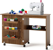 Folding Sewing Table 117cm Mobile Craft Desk with Shelves & Wheels Brown