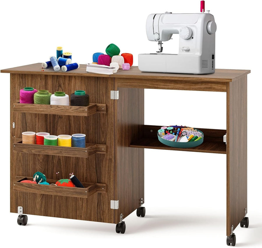 Folding Sewing Table 117cm Mobile Craft Desk with Shelves & Wheels Brown