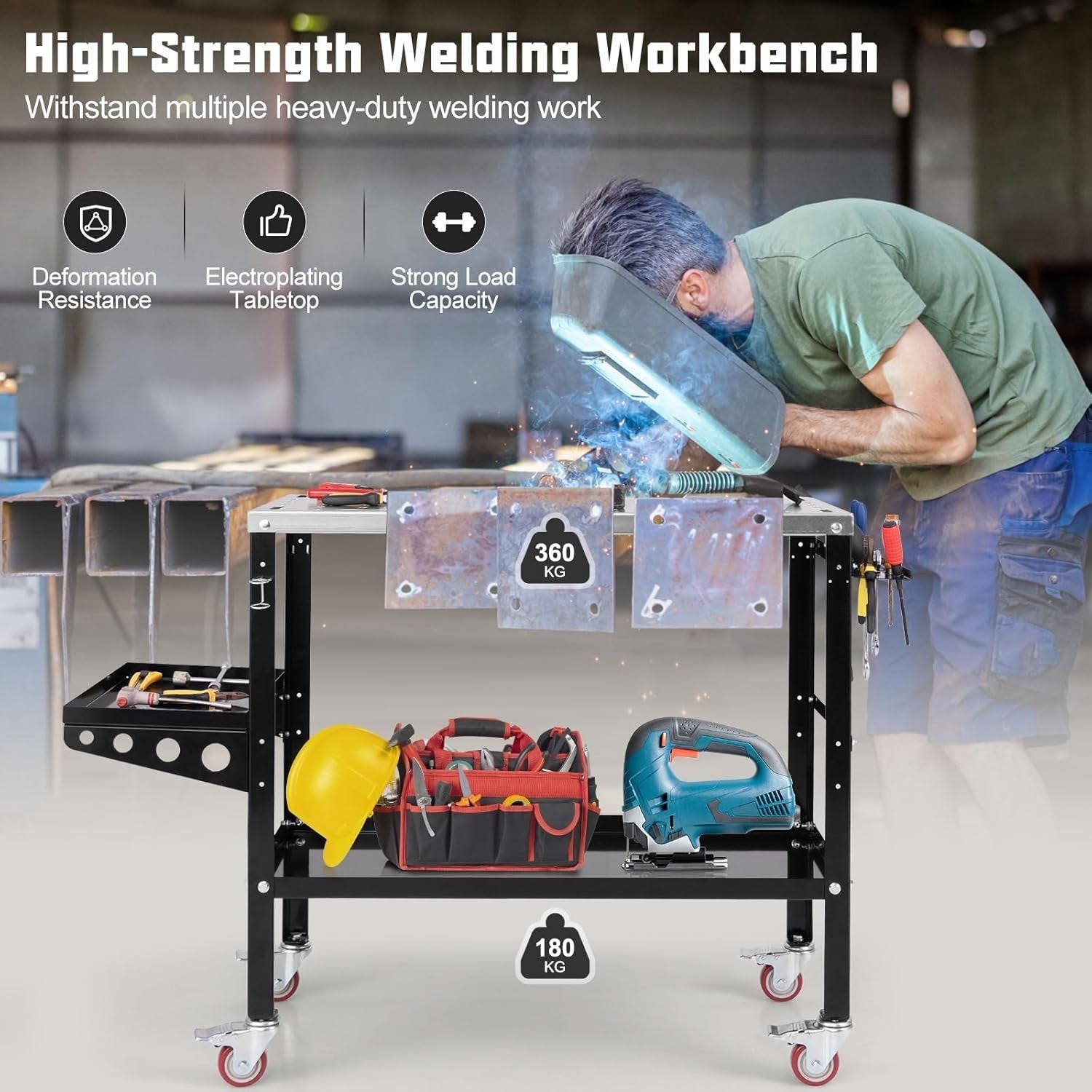 Heavy Duty Welding Table on Wheels 36x18 580kg Workbench Tool Rack Fixture Holes
