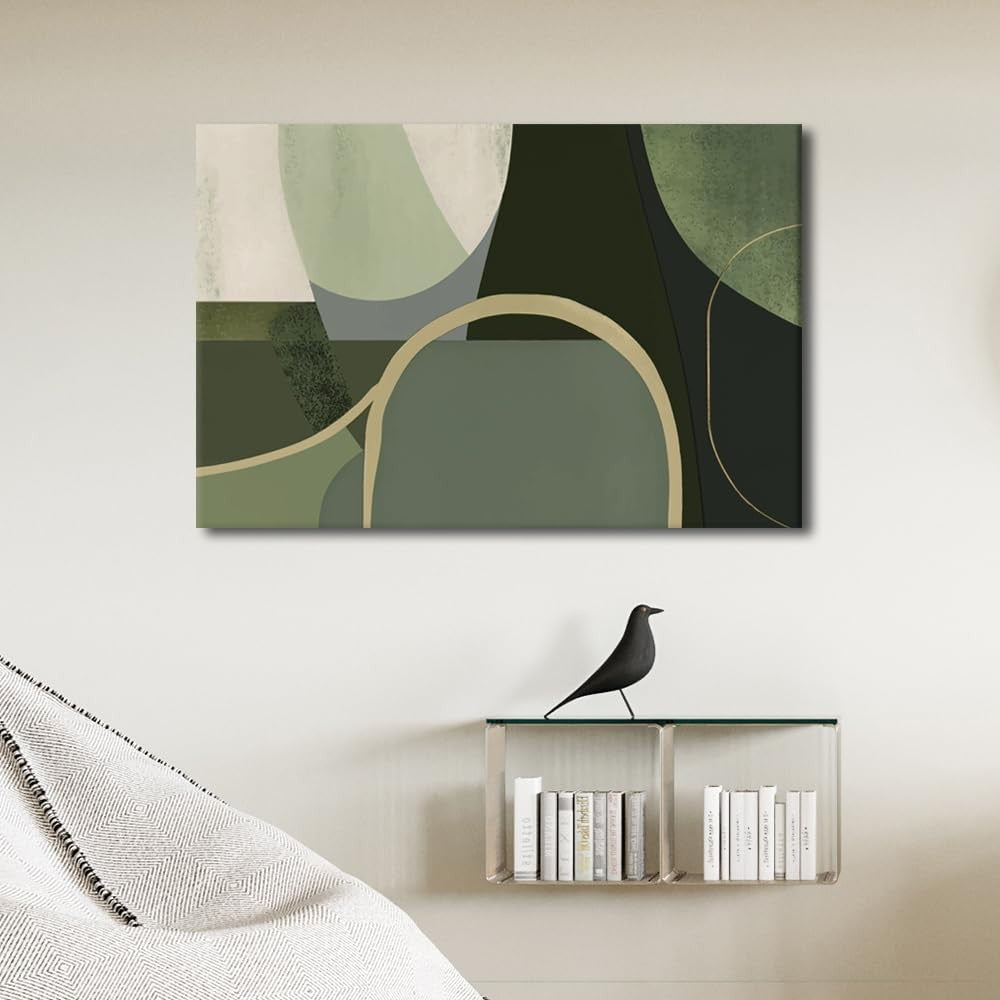 Mid Century Modern Canvas Wall Art Dark Green Geometric 90x60