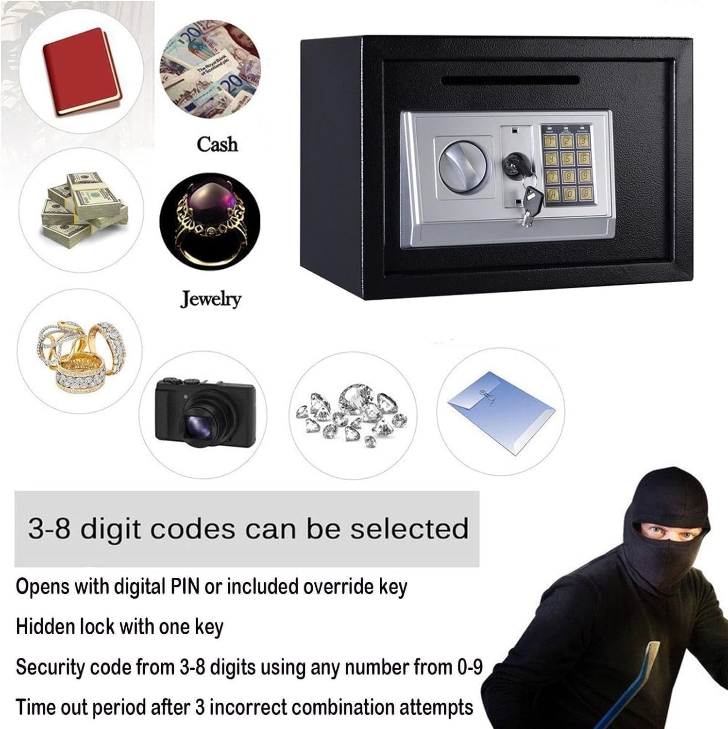 16L Digital Security Safe Box Electronic Keypad Lock with Shelf Black