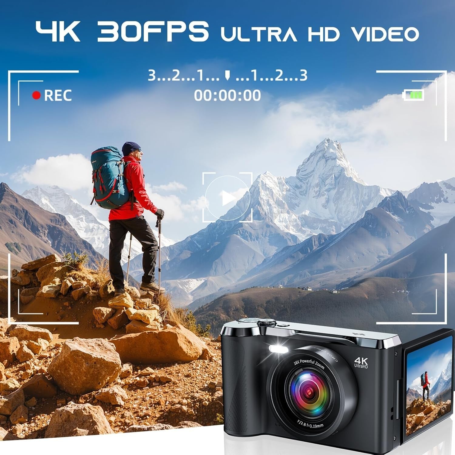 4K 56MP Digital Vlogging Camera Flip Screen Zoom SD Card Bundle