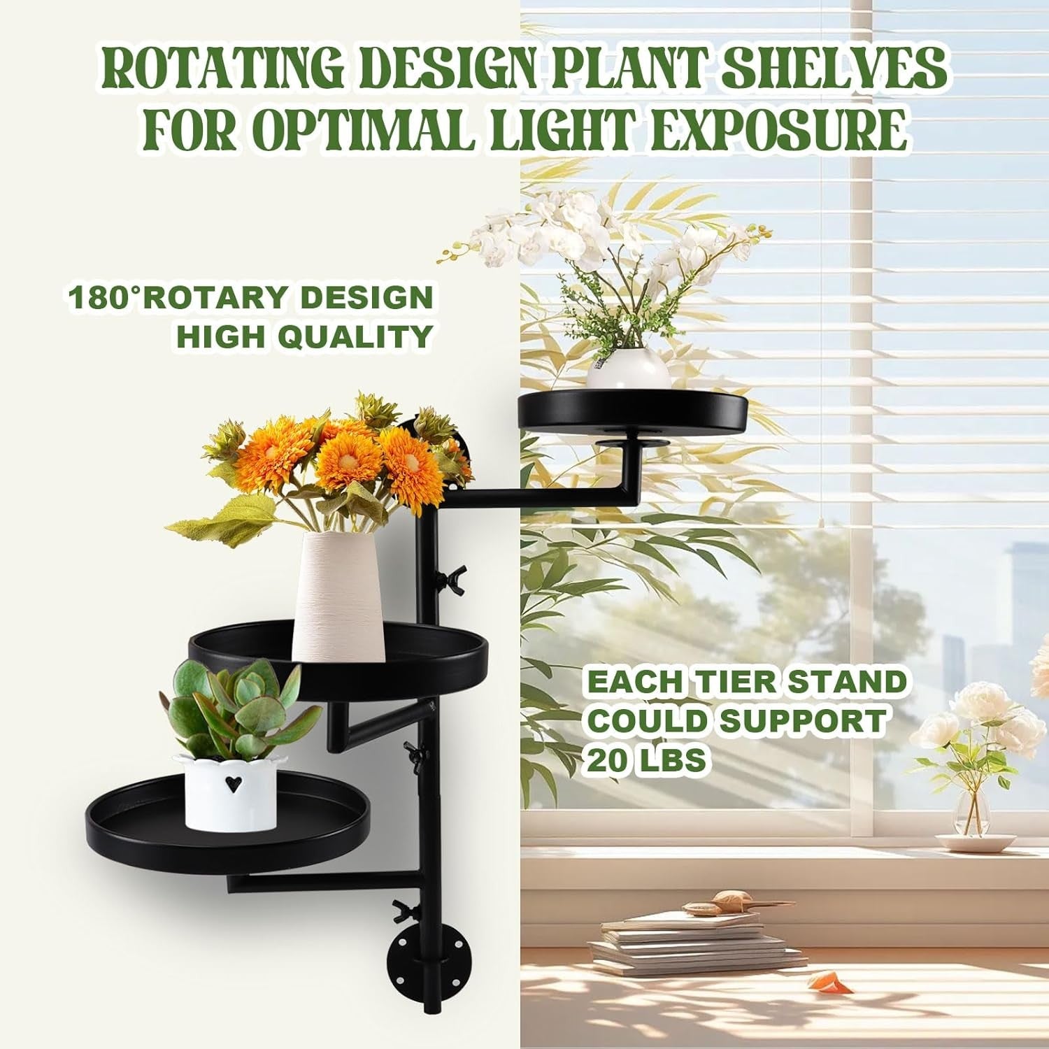 3 Tier Rotating Wall Mounted Metal Plant Stand Indoor Window Flower Shelf