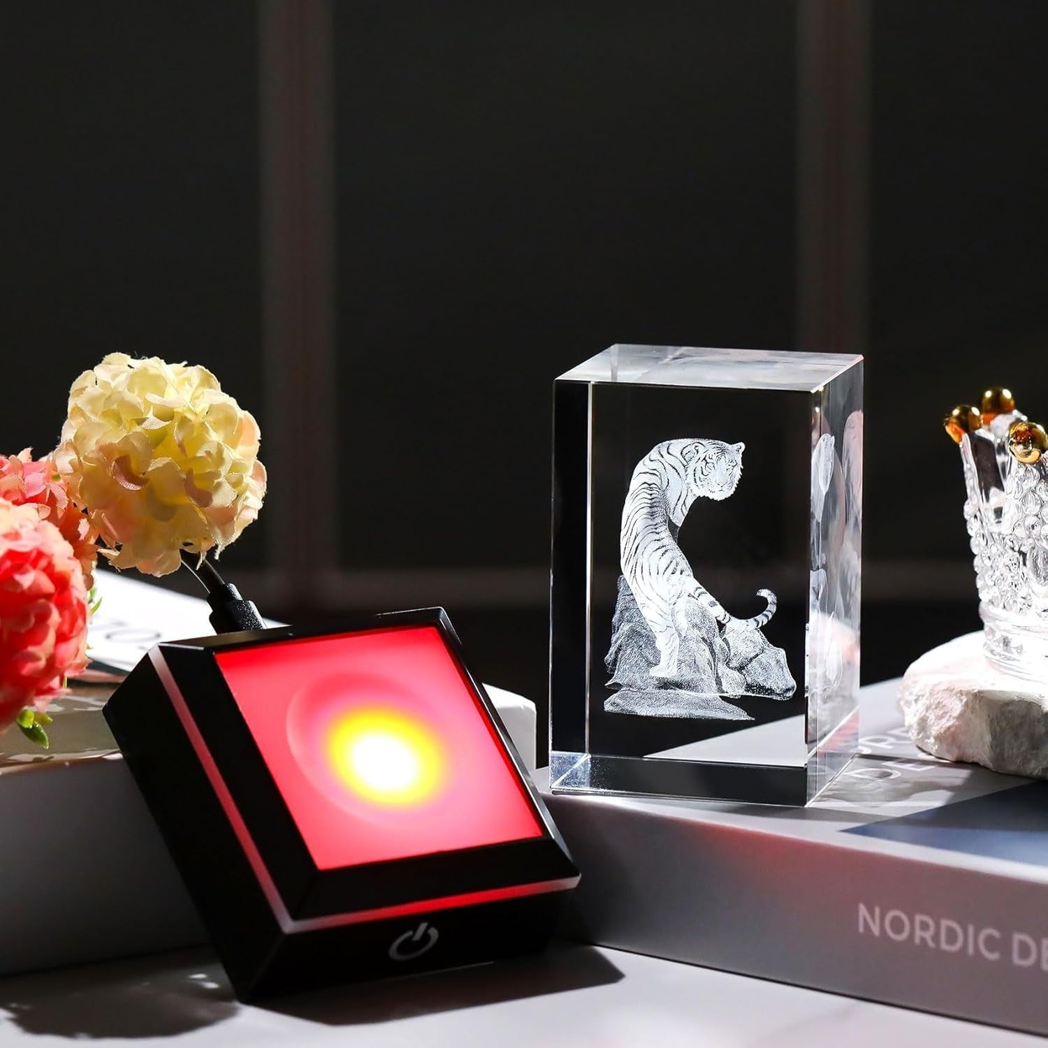 3D Crystal Tiger Figurine with LED Light Base • Engraved Glass Gift Ornament