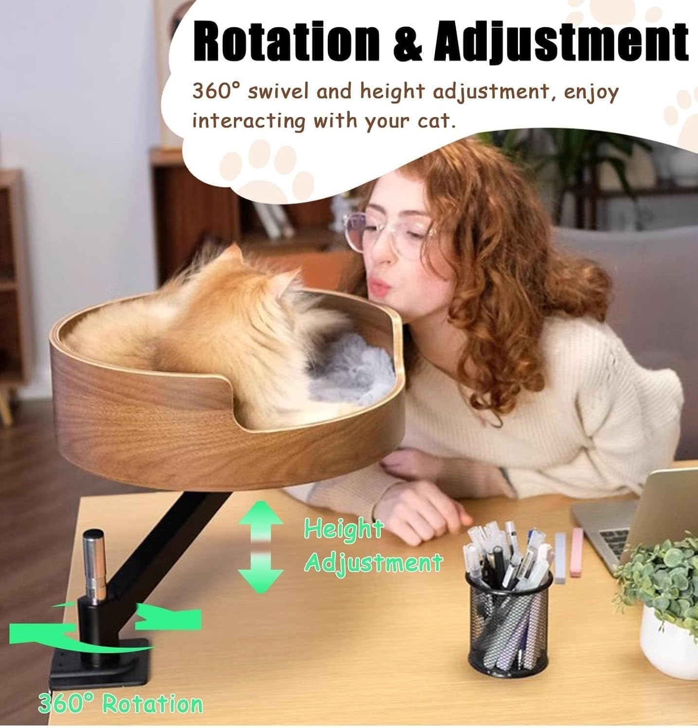360° Rotating Wooden Cat Desk Bed Adjustable Elevated Cat Perch