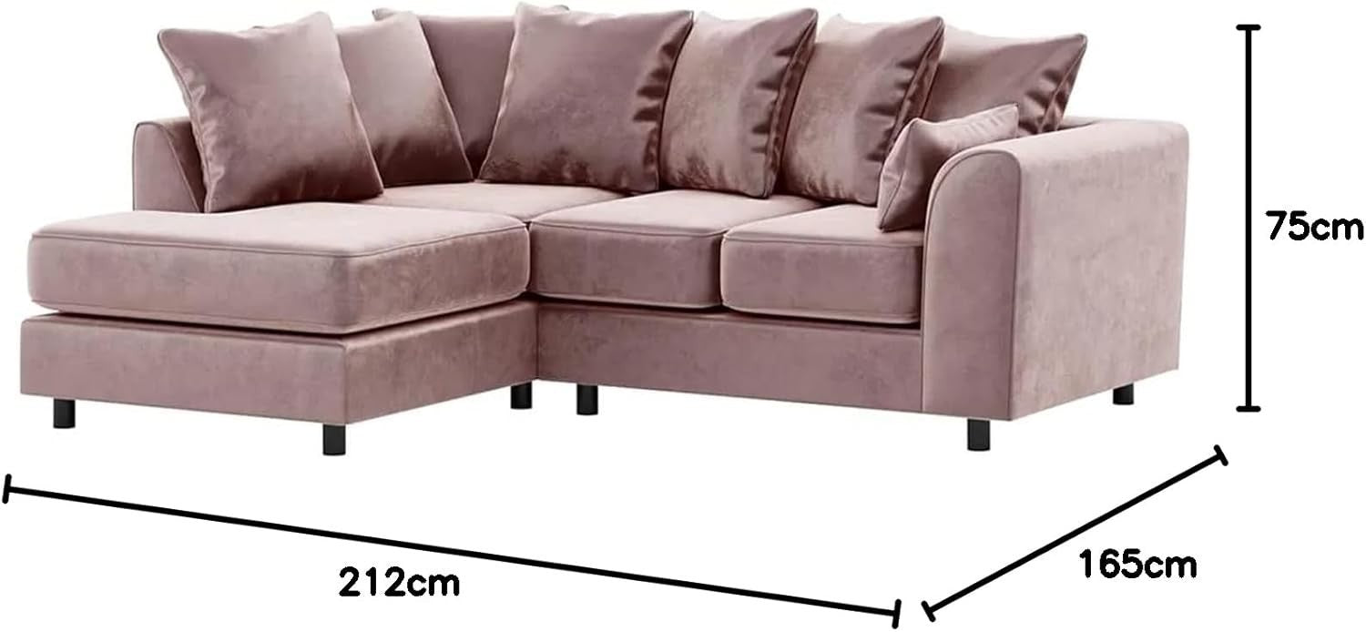 Pink Velvet L-Shaped 4-Seater Corner Sofa Full Foam Cushions LH