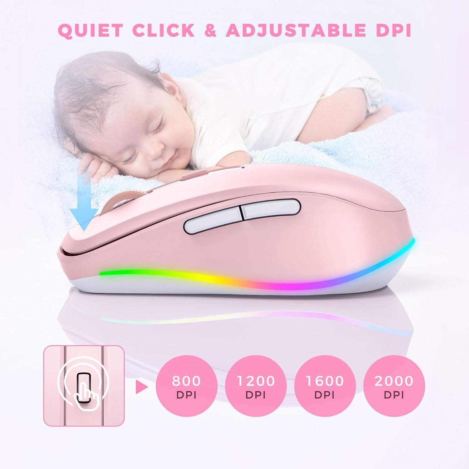 Pink RGB Wireless Mouse Rechargeable Silent USB Jiggler Mode