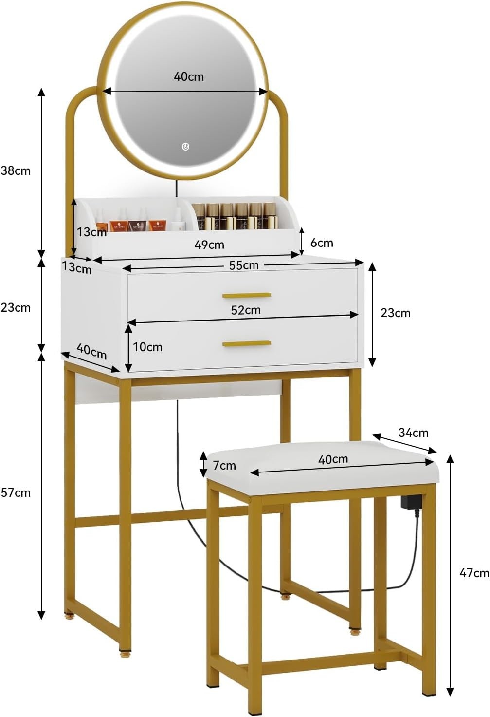 White Gold Vanity Table Set Desk Dresser LED Mirror 2 Drawer Storage Stool