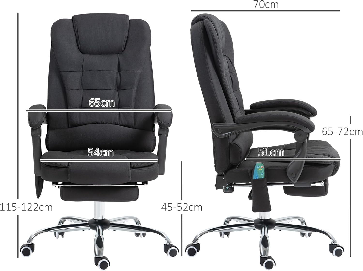 Reclining Massage Office Chair Heated Footrest High Back Linen Black Swivel Desk