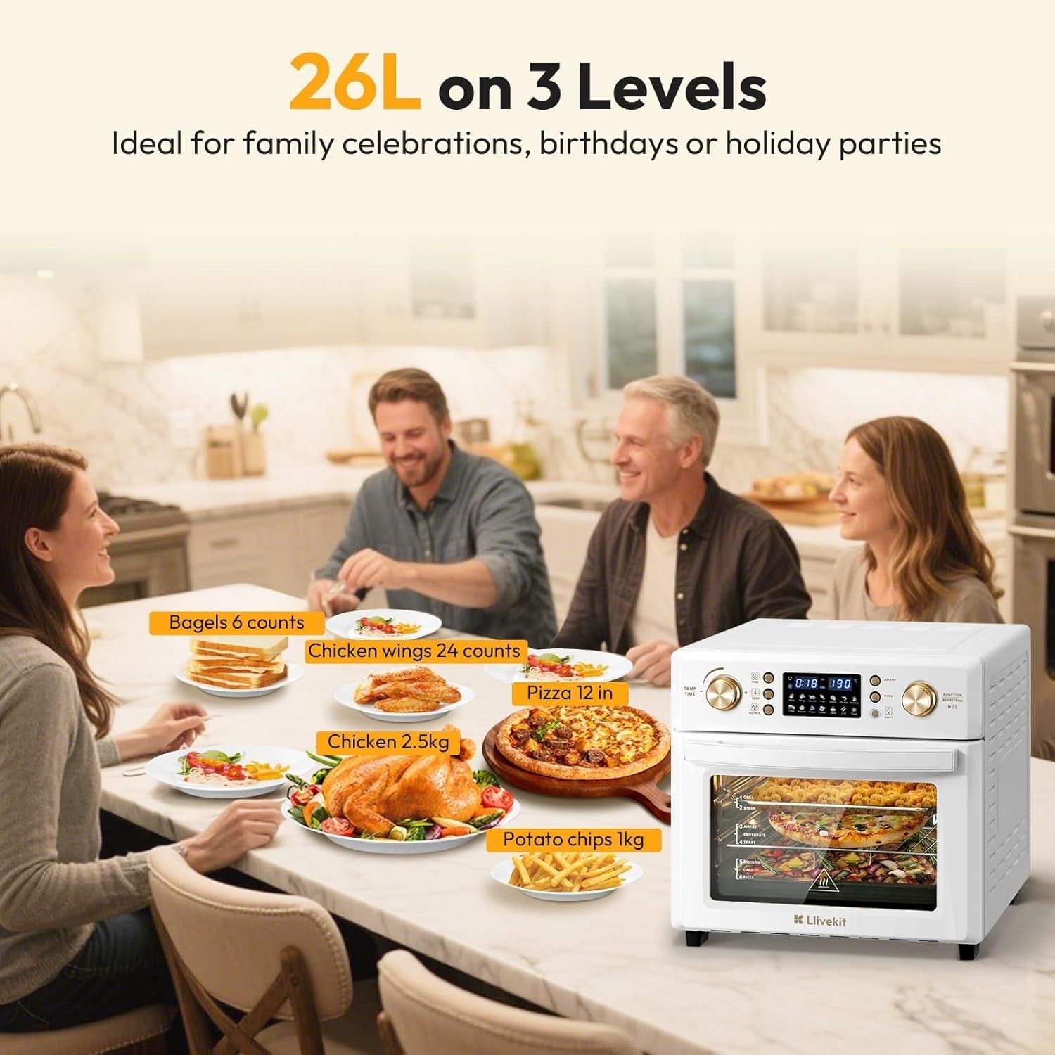 26L Air Fryer Oven 14 Programs 1700W 360 Hot Air Window Light 7 Accessories