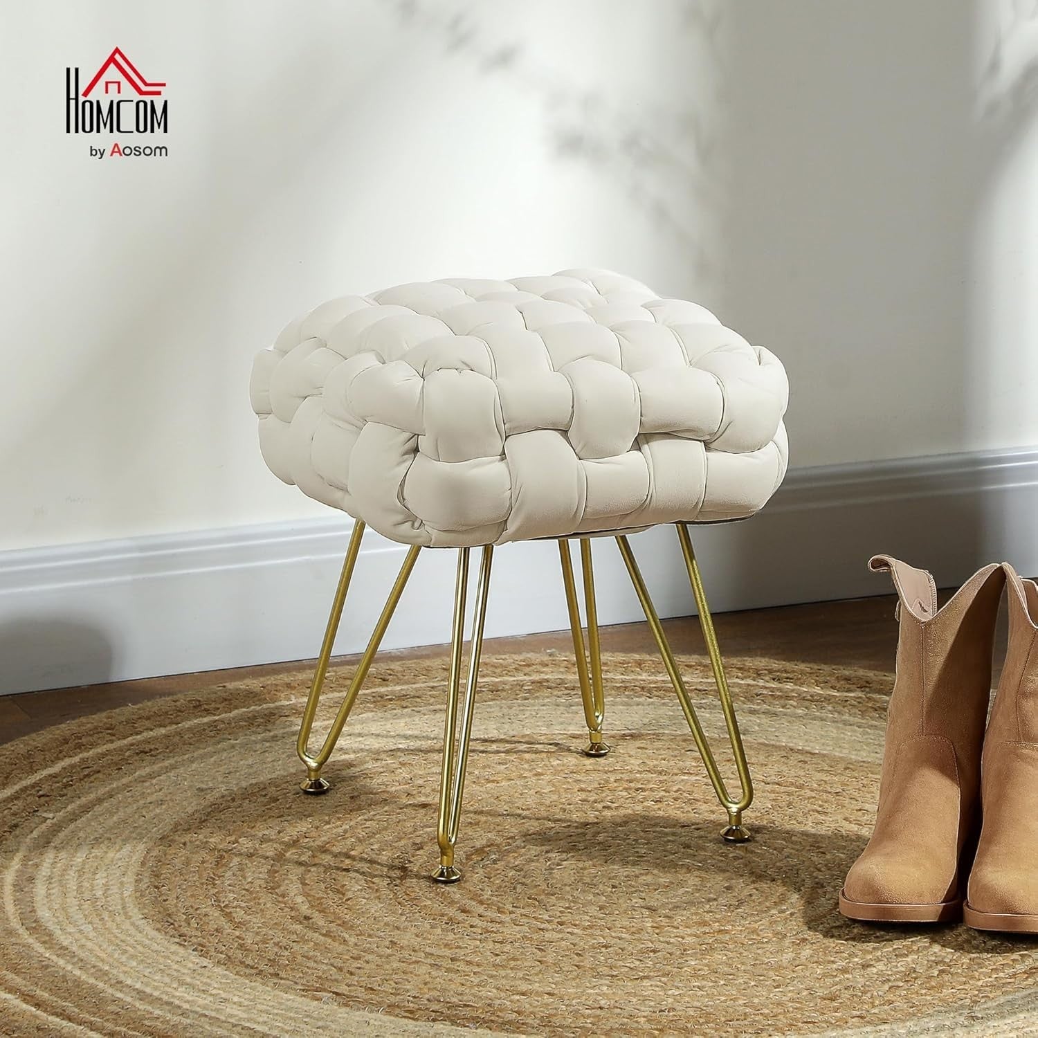 Cream White Square Footstool Woven Velvet Seat Ottoman Metal Leg Stool
