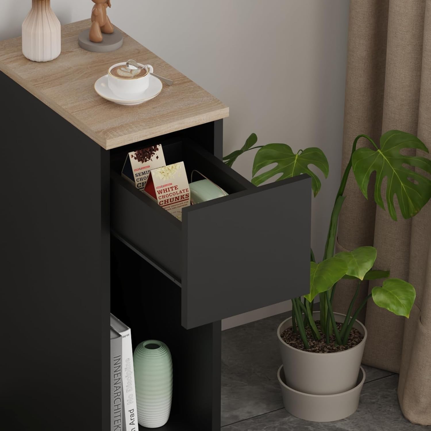 Slim Black Bedside Table Drawer & Shelf, Modern Narrow Nightstand Storage