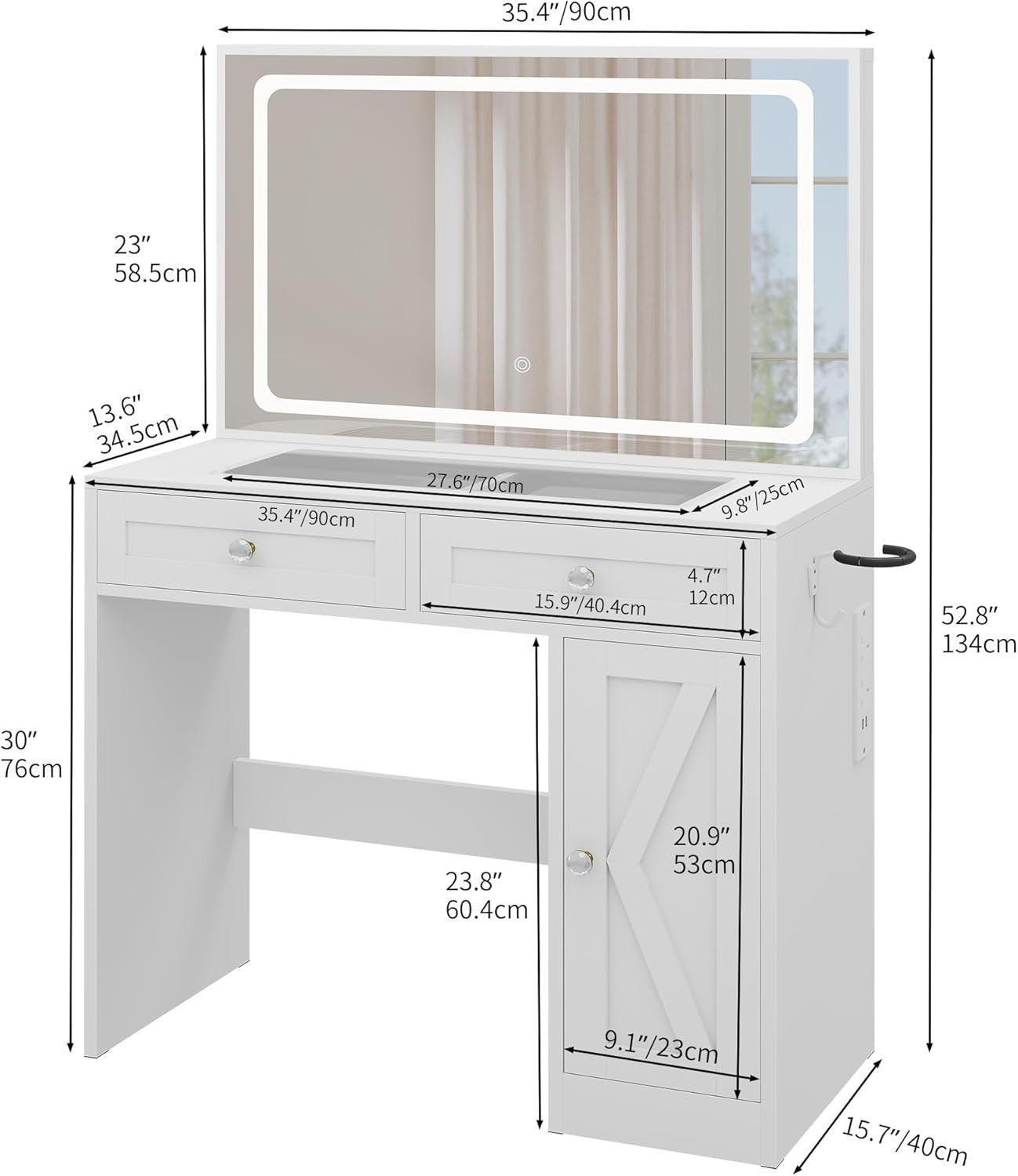 Dressing Table Vanity Set Mirror Lights Desk 2 Drawers Charging Hub S